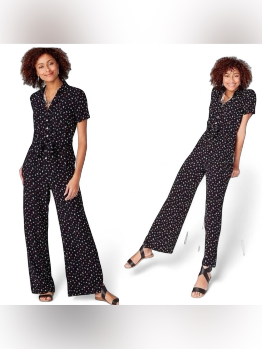 J. Jill Black Short-Sleeve Printed Wide-Leg Jumpsuit